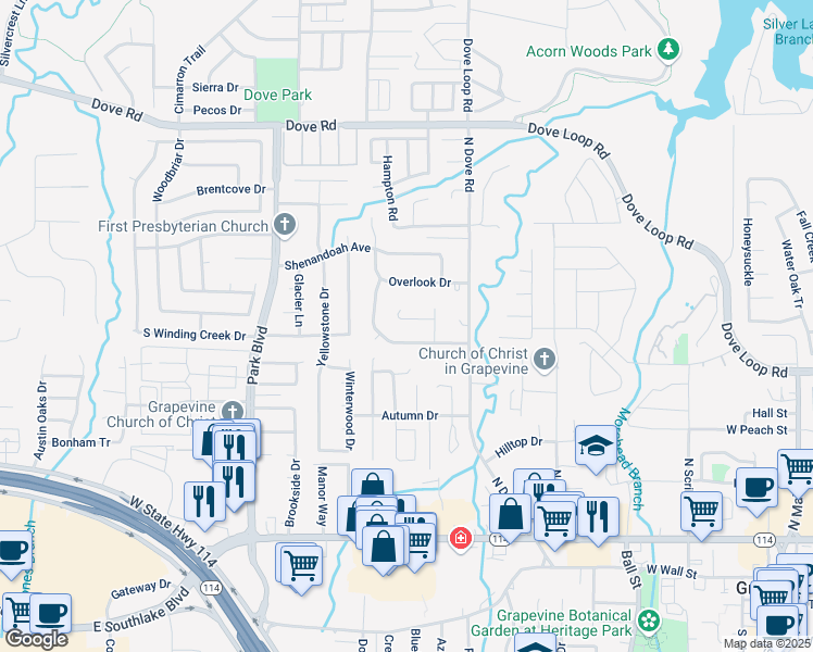 map of restaurants, bars, coffee shops, grocery stores, and more near 1531 Tiffany Forest Lane in Grapevine
