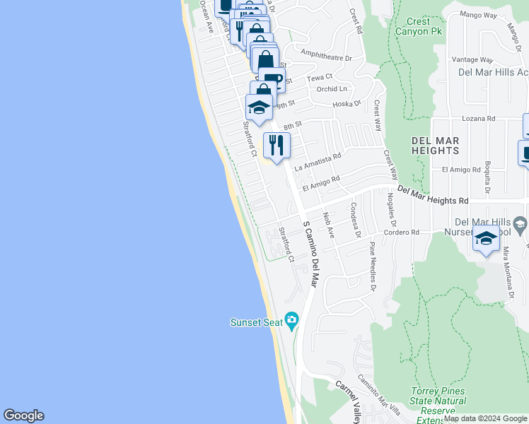 map of restaurants, bars, coffee shops, grocery stores, and more near 424 Stratford Court in Del Mar