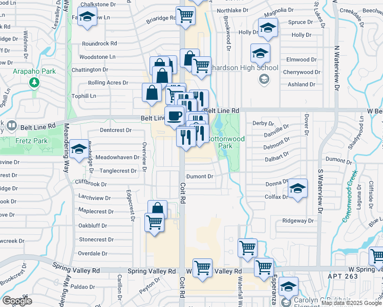 map of restaurants, bars, coffee shops, grocery stores, and more near 1428 Stagecoach Drive in Richardson