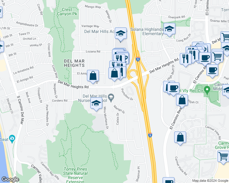 map of restaurants, bars, coffee shops, grocery stores, and more near 13765 Mango Drive in Del Mar
