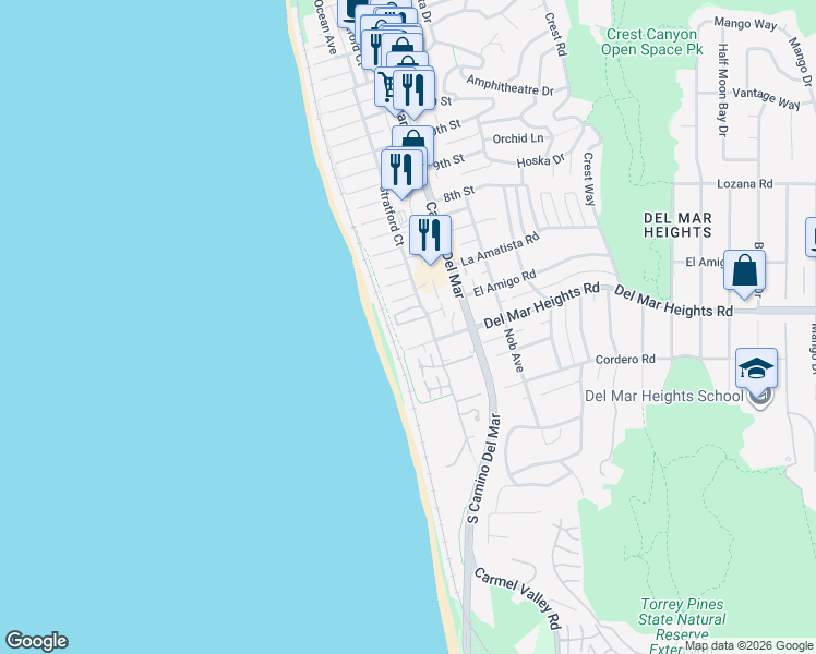 map of restaurants, bars, coffee shops, grocery stores, and more near 424 Stratford Court in Del Mar
