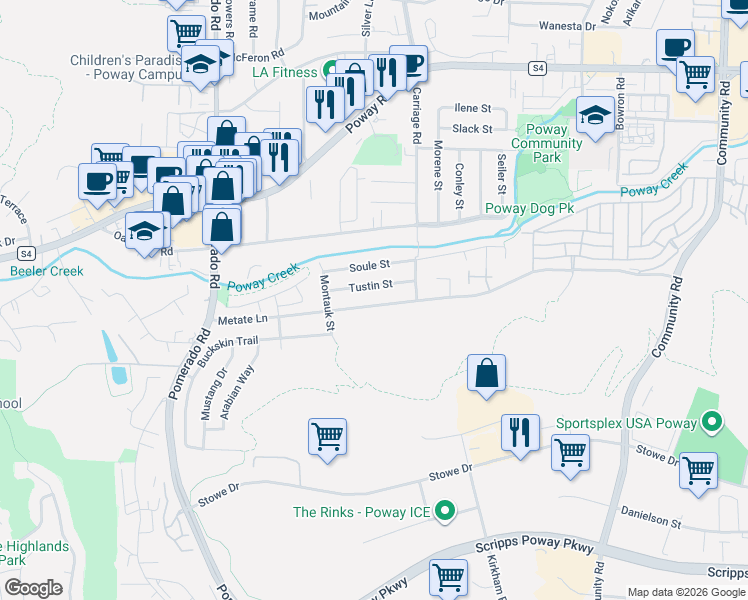 map of restaurants, bars, coffee shops, grocery stores, and more near 12702 Metate Lane in Poway
