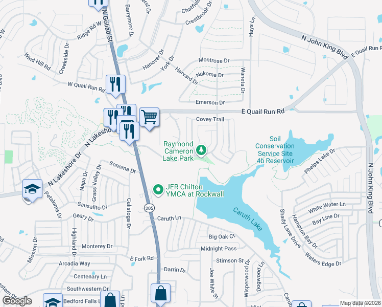 map of restaurants, bars, coffee shops, grocery stores, and more near 1415 Brittany Way in Rockwall