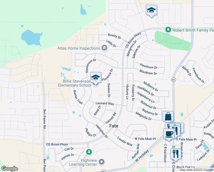map of restaurants, bars, coffee shops, grocery stores, and more near 323 Deaton Drive in Rockwall