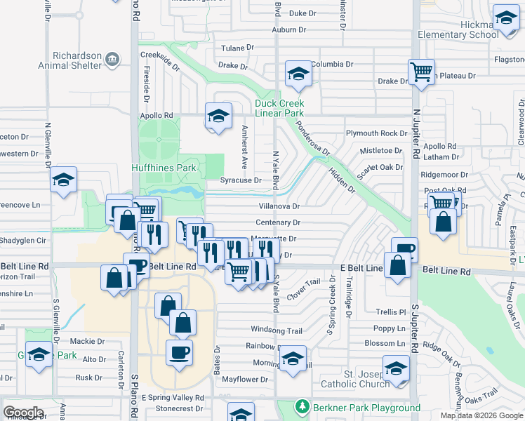 map of restaurants, bars, coffee shops, grocery stores, and more near 1632 Centenary Drive in Richardson