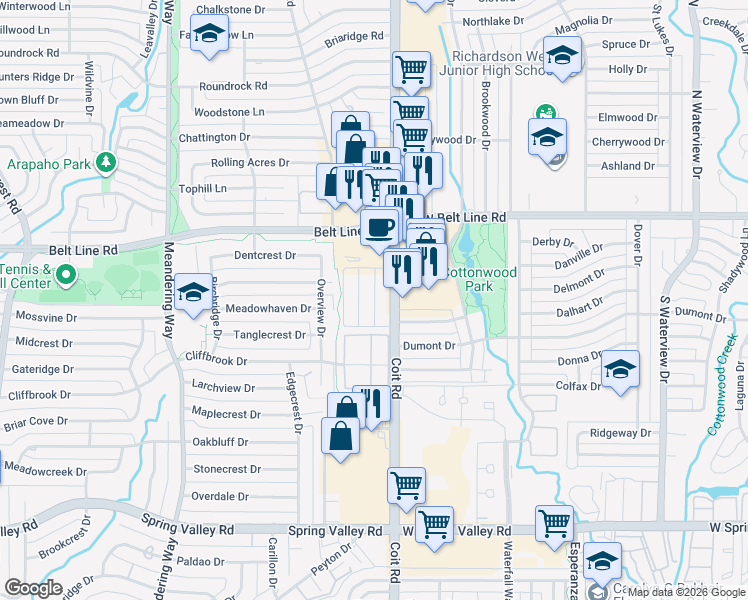 map of restaurants, bars, coffee shops, grocery stores, and more near 14619 South Coit Road in Dallas