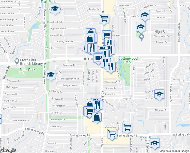 map of restaurants, bars, coffee shops, grocery stores, and more near 14619 South Coit Road in Dallas