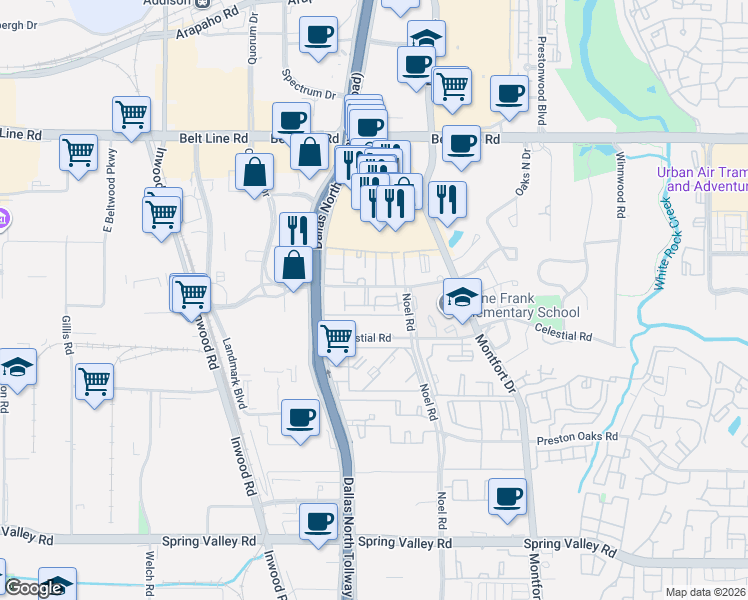 map of restaurants, bars, coffee shops, grocery stores, and more near 22 Celestial Road in Dallas