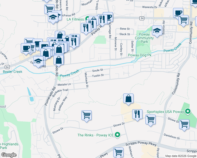 map of restaurants, bars, coffee shops, grocery stores, and more near 12702 Metate Lane in Poway