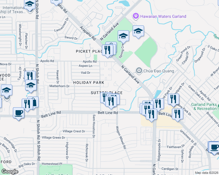 map of restaurants, bars, coffee shops, grocery stores, and more near 1706 Lakestone Court in Garland