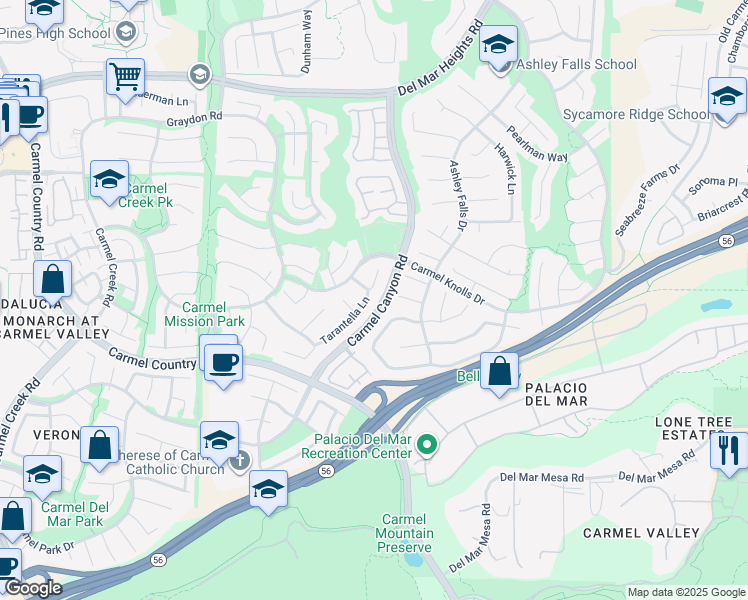 map of restaurants, bars, coffee shops, grocery stores, and more near 4785 Tarantella Lane in San Diego