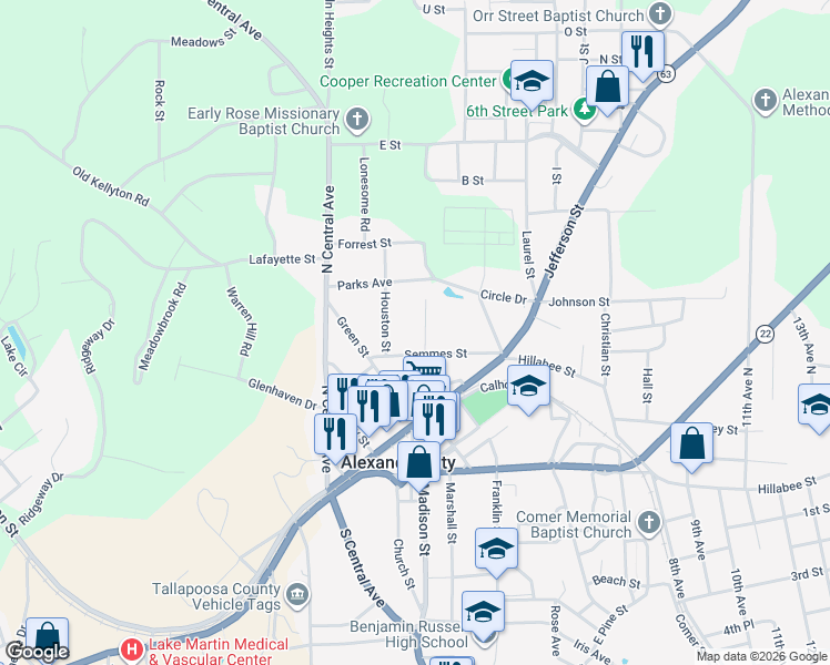 map of restaurants, bars, coffee shops, grocery stores, and more near 155 Semmes St in Alexander City