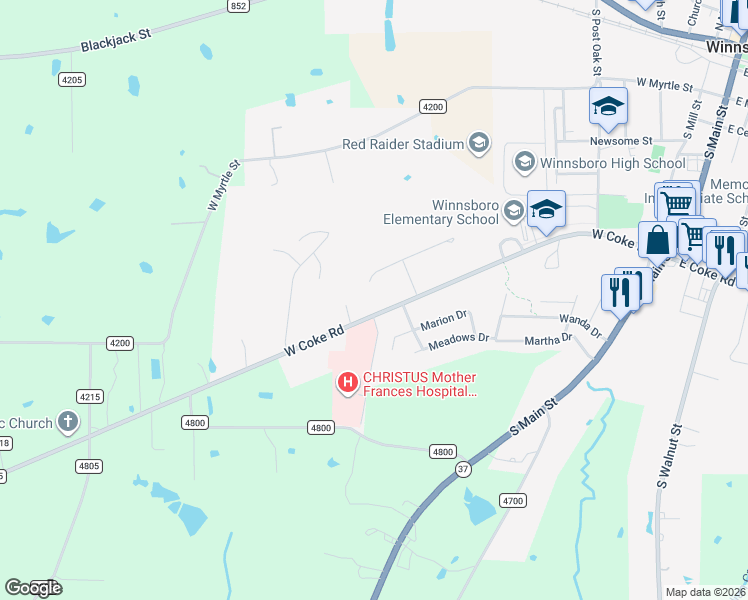 map of restaurants, bars, coffee shops, grocery stores, and more near 703 West Coke Road in Winnsboro