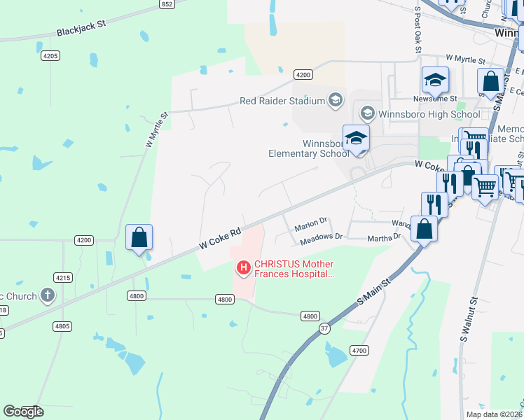 map of restaurants, bars, coffee shops, grocery stores, and more near 802 West Coke Road in Winnsboro