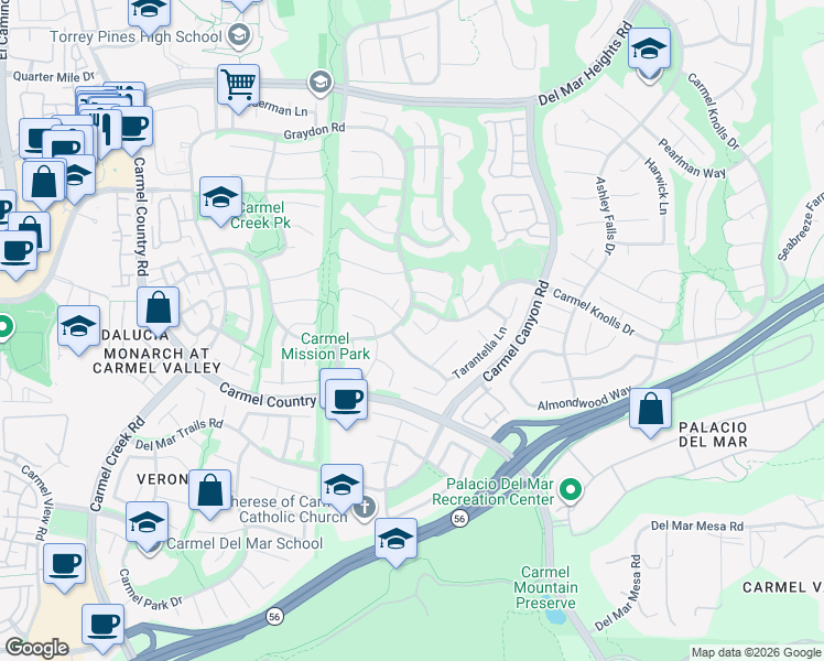 map of restaurants, bars, coffee shops, grocery stores, and more near 12613 Crest Knolls Court in San Diego