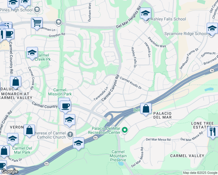 map of restaurants, bars, coffee shops, grocery stores, and more near 4785 Tarantella Lane in San Diego