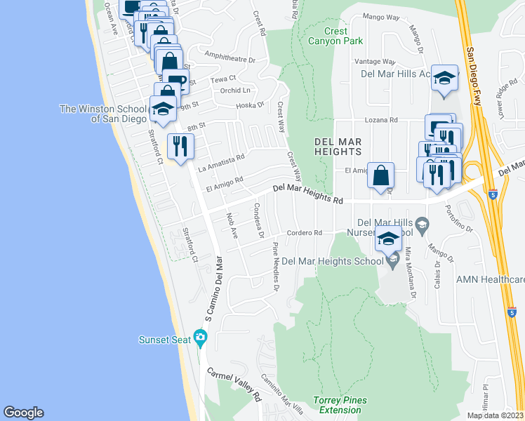 map of restaurants, bars, coffee shops, grocery stores, and more near 13765 Condesa Drive in Del Mar