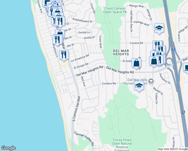 map of restaurants, bars, coffee shops, grocery stores, and more near 13765 Condesa Drive in Del Mar