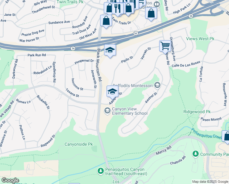 map of restaurants, bars, coffee shops, grocery stores, and more near 9207 Pipilo Street in San Diego