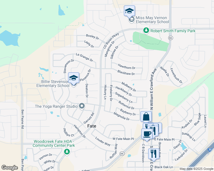 map of restaurants, bars, coffee shops, grocery stores, and more near 702 Hickory Lane in Rockwall