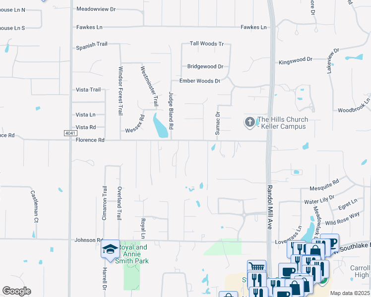 map of restaurants, bars, coffee shops, grocery stores, and more near 2706 Florence Road in Southlake