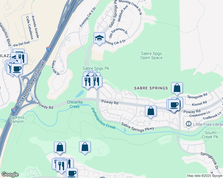 map of restaurants, bars, coffee shops, grocery stores, and more near 12737 Savannah Creek Drive in San Diego