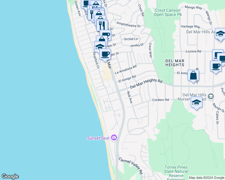 map of restaurants, bars, coffee shops, grocery stores, and more near 515 Stratford Court in Del Mar