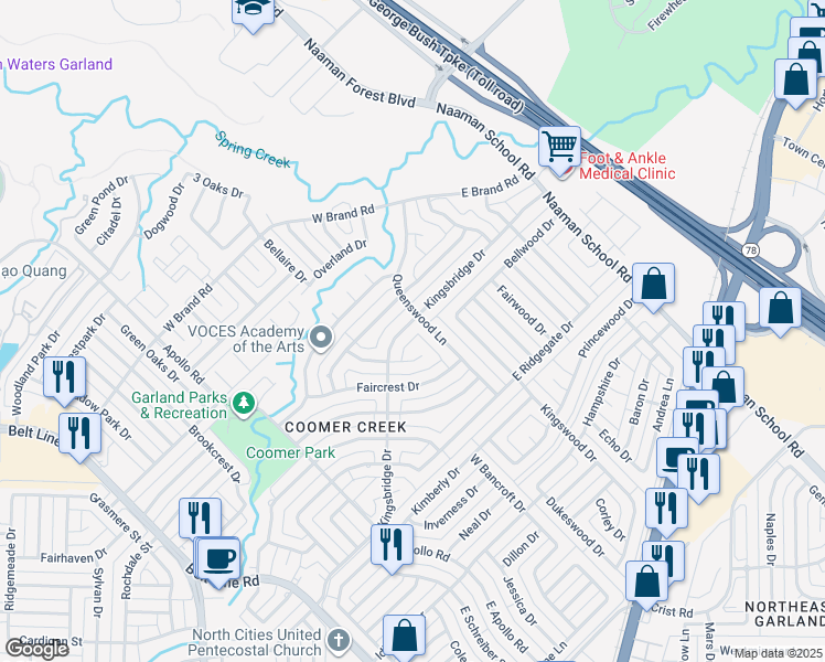 map of restaurants, bars, coffee shops, grocery stores, and more near 145 Kingsbridge Drive in Garland