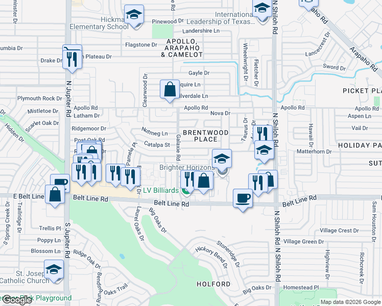map of restaurants, bars, coffee shops, grocery stores, and more near 2944 Canis Circle in Garland