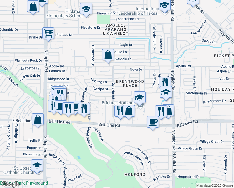 map of restaurants, bars, coffee shops, grocery stores, and more near 2968 Canis Circle in Garland