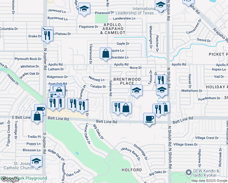 map of restaurants, bars, coffee shops, grocery stores, and more near 2968 Canis Circle in Garland