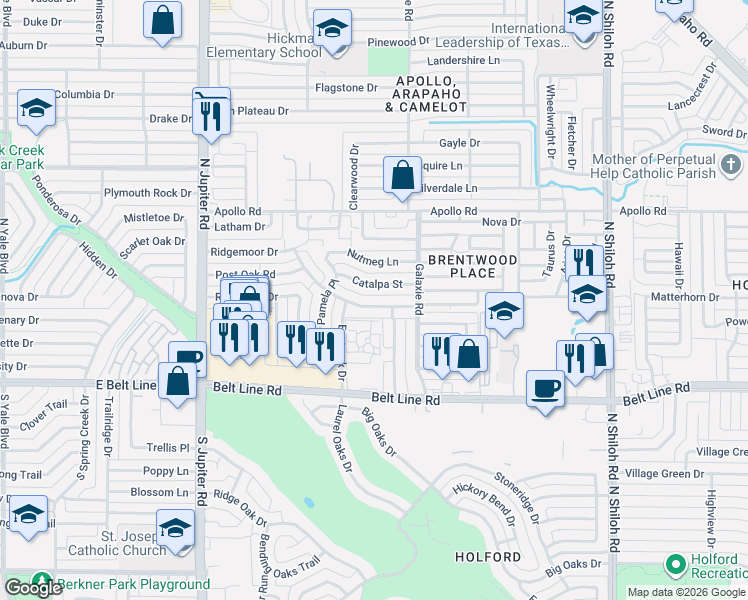 map of restaurants, bars, coffee shops, grocery stores, and more near 3105 Catalpa Street in Garland