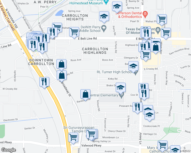 map of restaurants, bars, coffee shops, grocery stores, and more near 1624 East Crosby Road in Carrollton