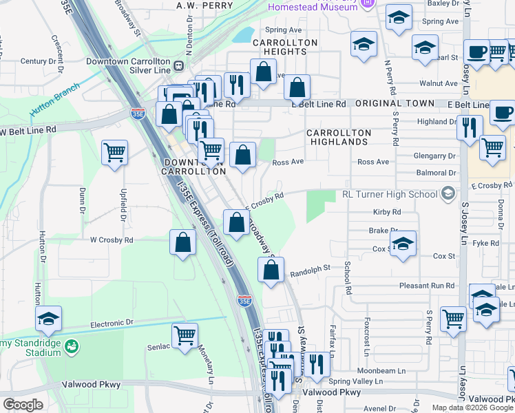 map of restaurants, bars, coffee shops, grocery stores, and more near 1530 Parkside Drive in Carrollton