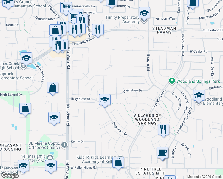 map of restaurants, bars, coffee shops, grocery stores, and more near 12204 Vienna Apple Road in Fort Worth