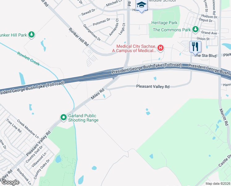 map of restaurants, bars, coffee shops, grocery stores, and more near 2634-2800 Pleasant Valley Rd in Sachse