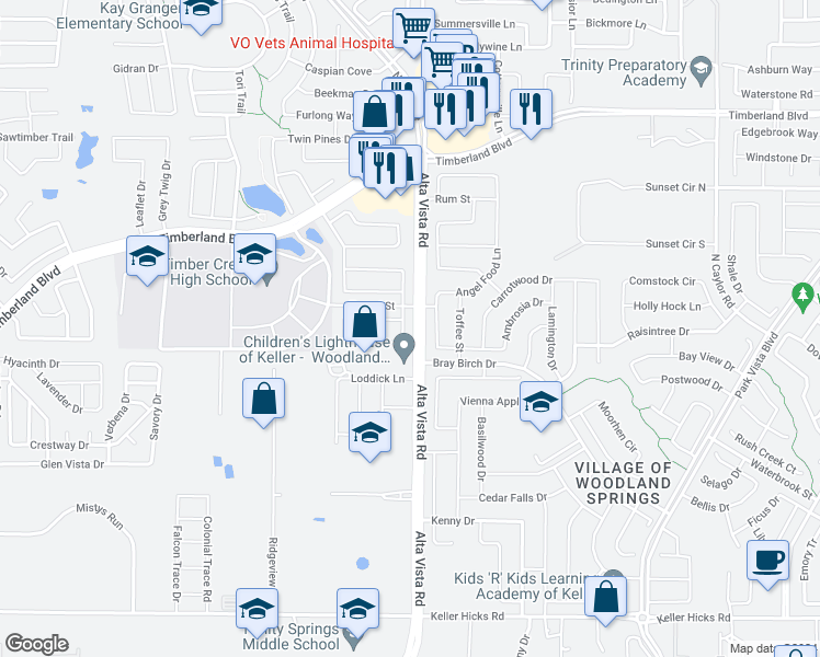 map of restaurants, bars, coffee shops, grocery stores, and more near 12108 Long Stem Tr in Fort Worth