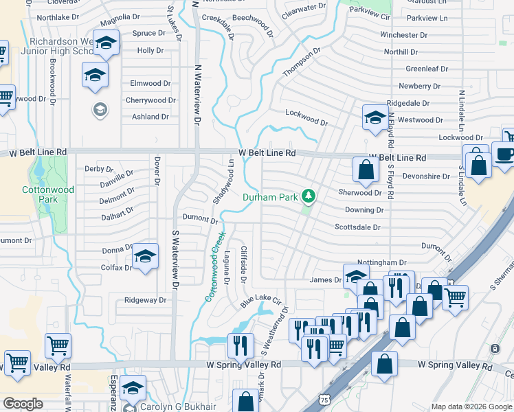 map of restaurants, bars, coffee shops, grocery stores, and more near 400 Hyde Park Drive in Richardson