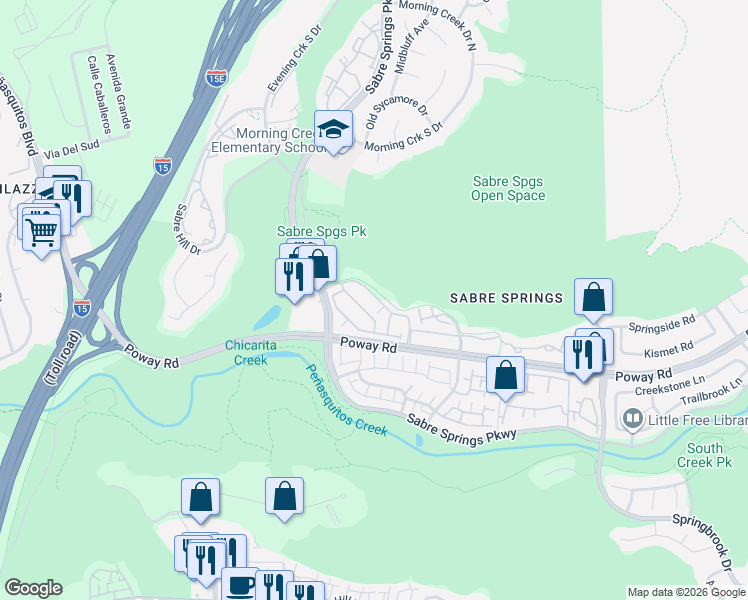 map of restaurants, bars, coffee shops, grocery stores, and more near 12685 Savannah Creek Drive in San Diego