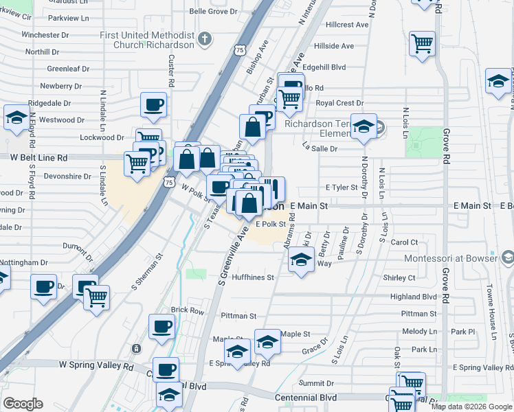 map of restaurants, bars, coffee shops, grocery stores, and more near in Richardson