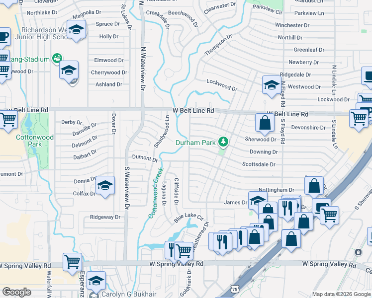 map of restaurants, bars, coffee shops, grocery stores, and more near 400 Hyde Park Drive in Richardson
