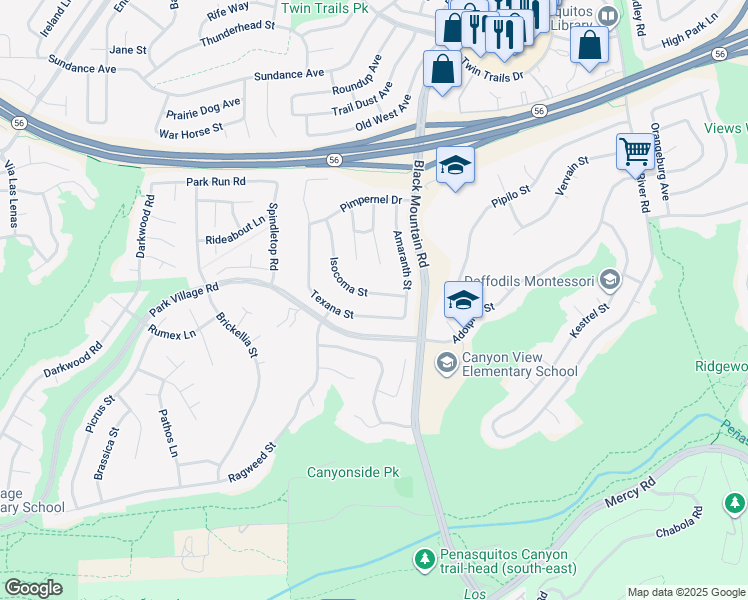 map of restaurants, bars, coffee shops, grocery stores, and more near 12776 Isocoma Street in San Diego