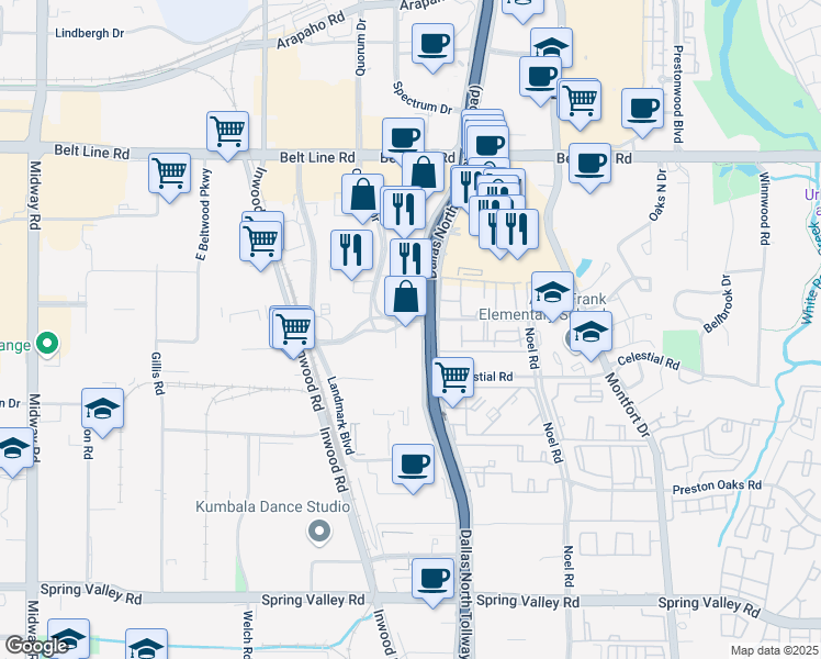map of restaurants, bars, coffee shops, grocery stores, and more near 5050 Quorum Drive in Dallas