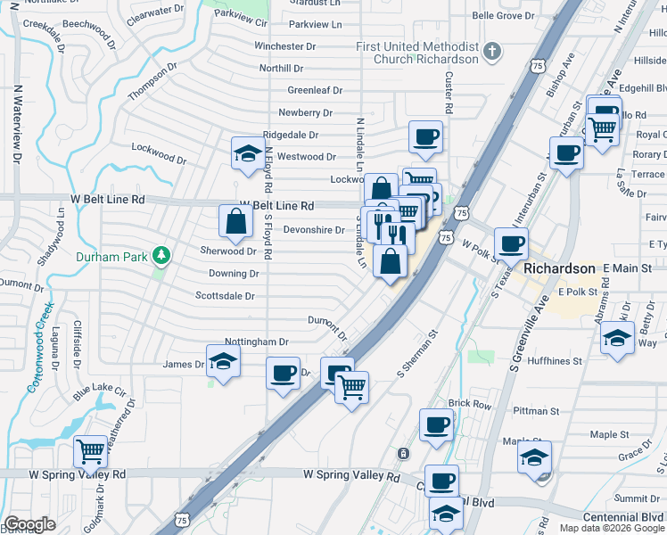 map of restaurants, bars, coffee shops, grocery stores, and more near 613 Sherwood Drive in Richardson