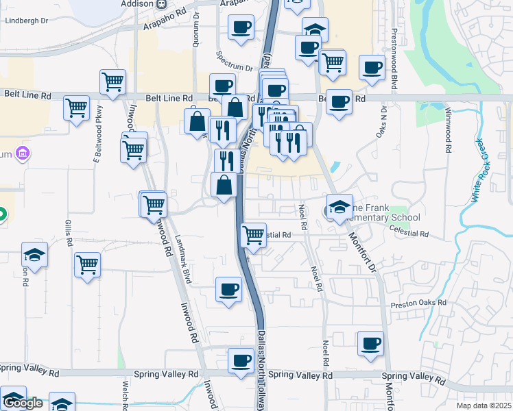 map of restaurants, bars, coffee shops, grocery stores, and more near 5100 Verde Valley Lane in Dallas