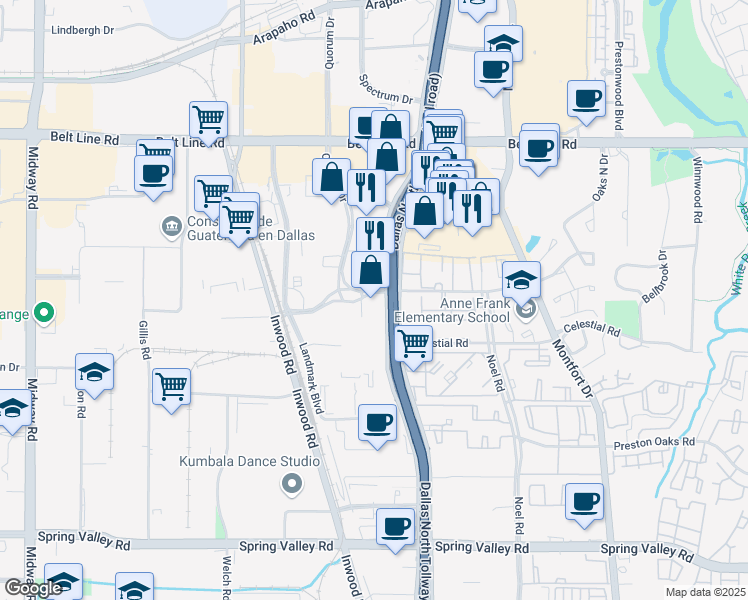 map of restaurants, bars, coffee shops, grocery stores, and more near 14841 Dallas Parkway in Dallas