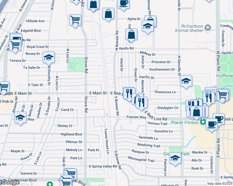 map of restaurants, bars, coffee shops, grocery stores, and more near E Belt Line Rd & S Bowser Rd in Richardson