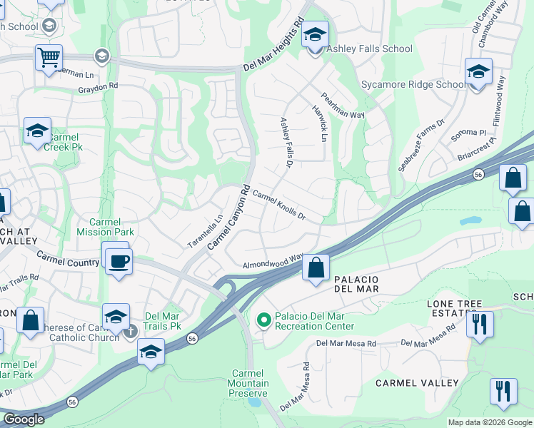 map of restaurants, bars, coffee shops, grocery stores, and more near 12723 Ashley Falls Drive in San Diego