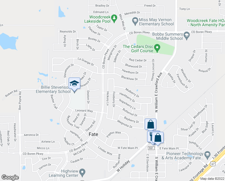 map of restaurants, bars, coffee shops, grocery stores, and more near 703 Fireberry Drive in Rockwall