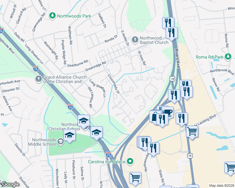 map of restaurants, bars, coffee shops, grocery stores, and more near 8152 Shadow Oak Drive in North Charleston